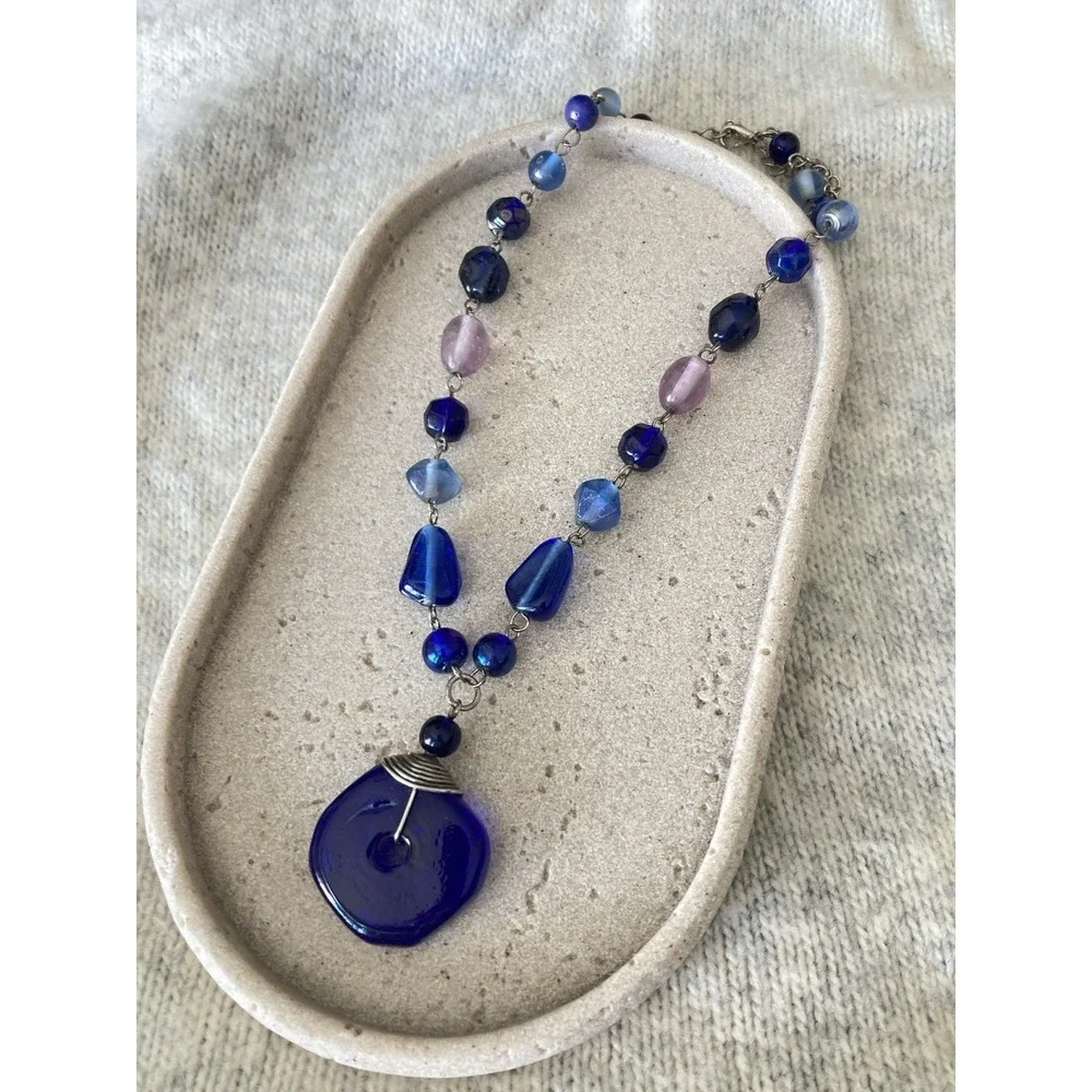 Cobalt Blue Glass Pendant Necklace Purple Beaded‎ Boho Silver Tone Artsy Artisan